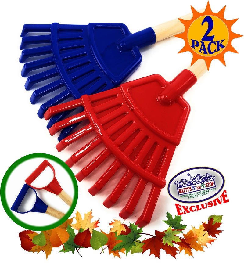 Matty's Toy Stop 30.5" Heavy Duty Wooden Kids Lawn Rakes with Plastic Rake Head & Handle (Red & Blue) Gift Set Bundle - 2 Pack - Image 3